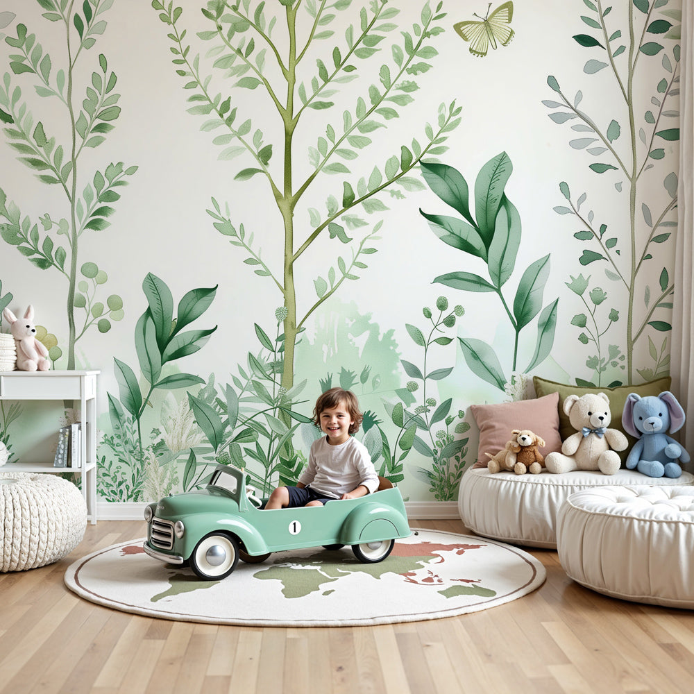 Forest botanical mural wallpaper with butterflies decorating modern children's nursery by Kids-Mundo