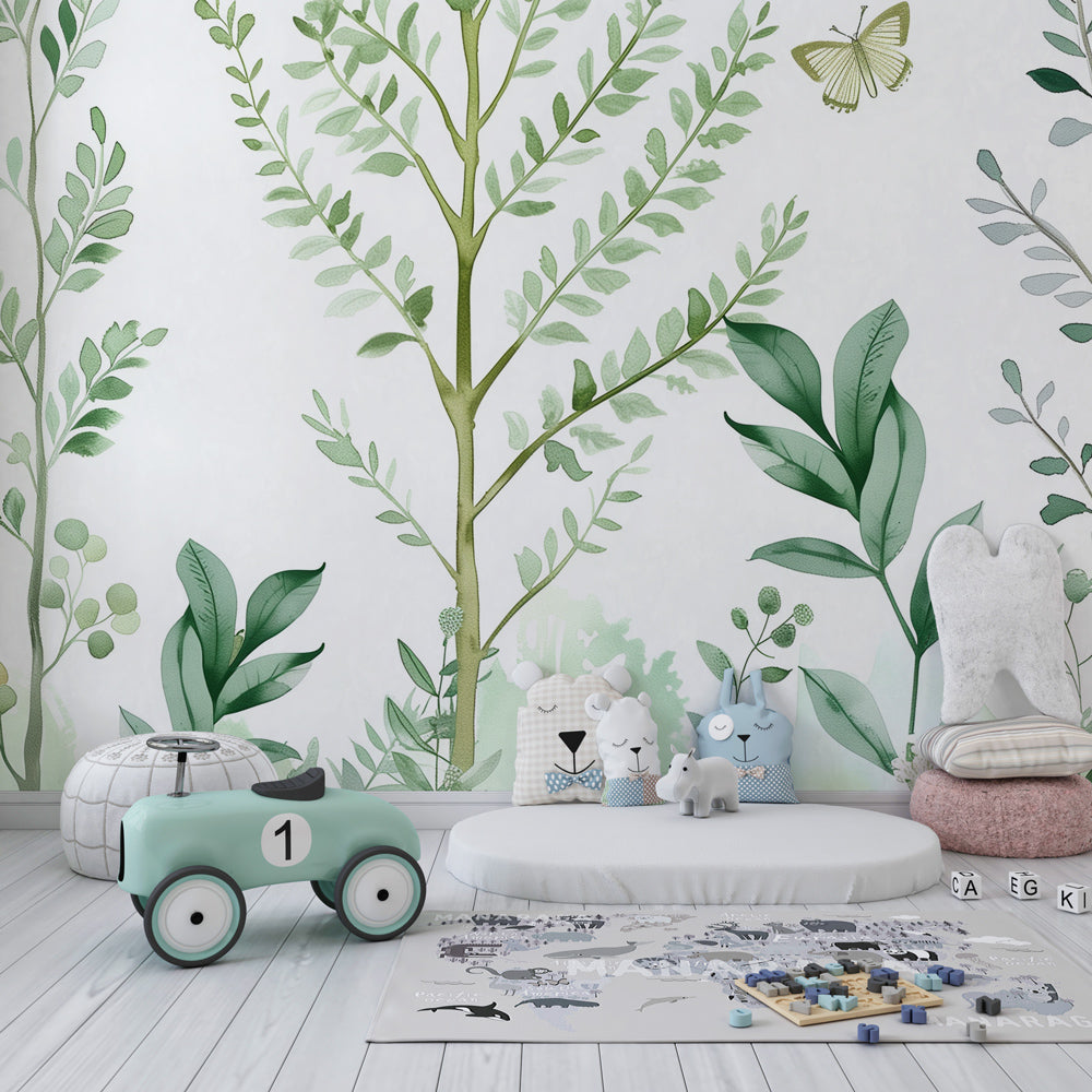 Green botanical forest mural wallpaper with dancing butterflies in children's playroom setting