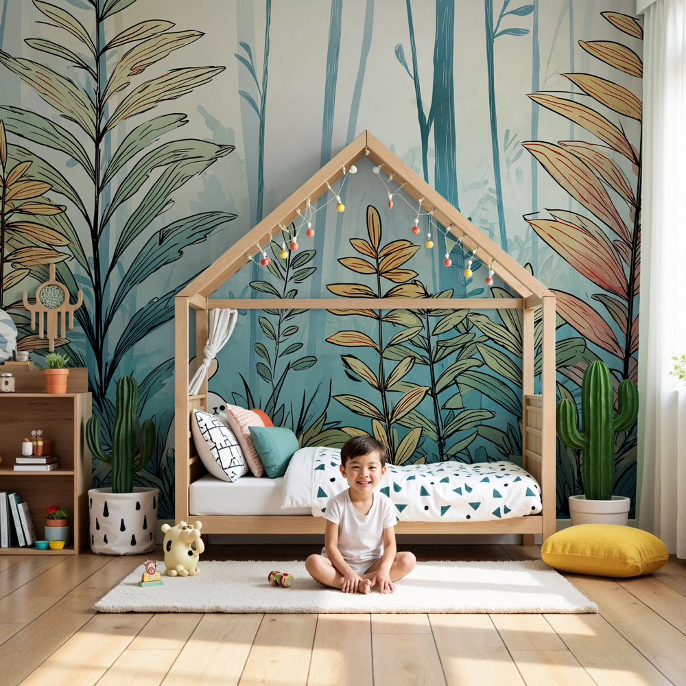 Forest bunny mural wallpaper creating enchanted woodland nursery decor by Kids-Mundo