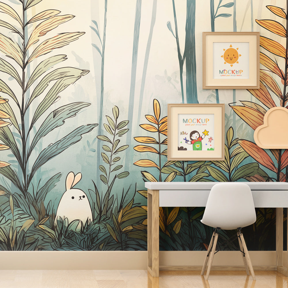Woodland bunny mural wallpaper creating magical play space for children by Kids-Mundo