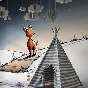 Woodland deer mural wallpaper creating magical atmosphere in kids bedroom