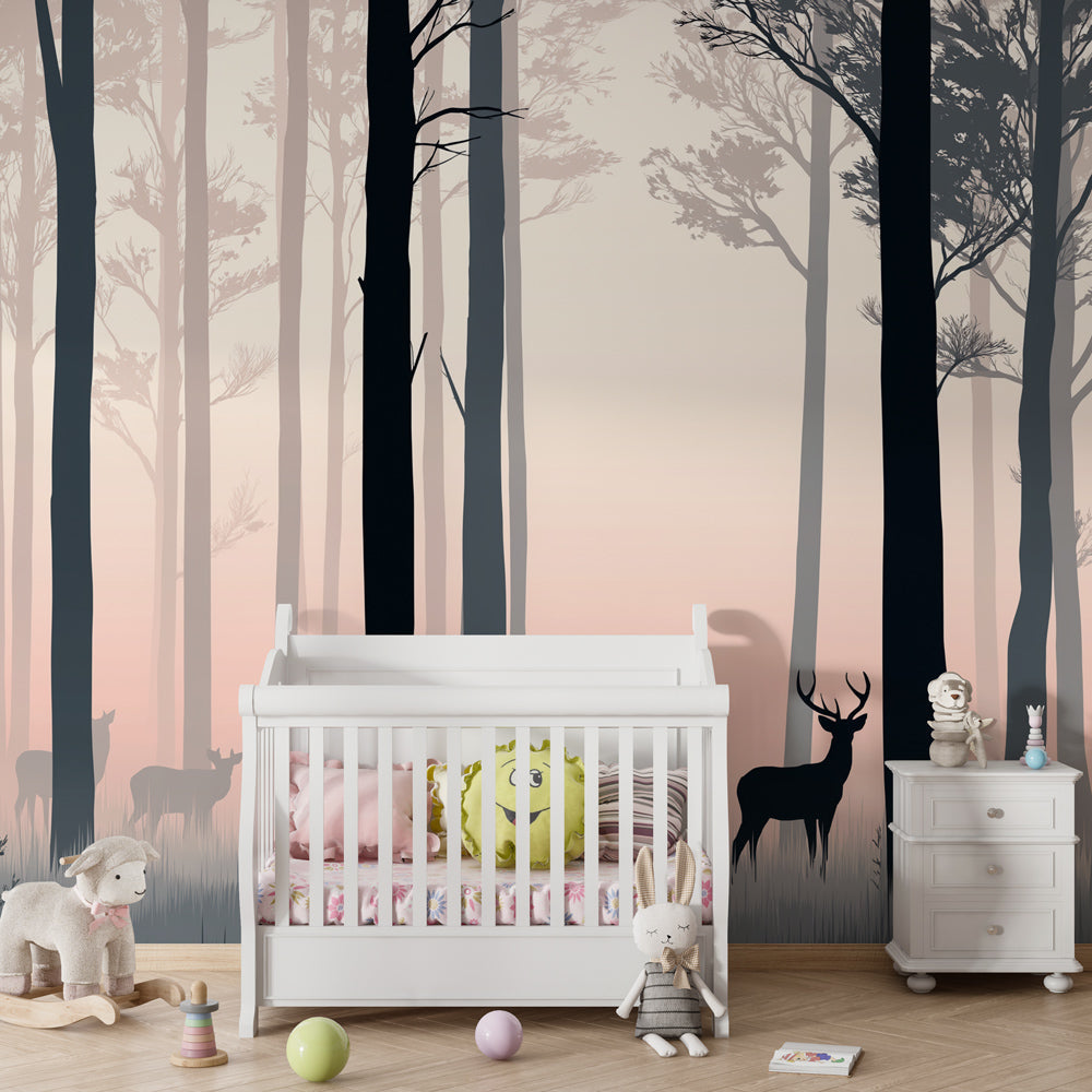 Peaceful woodland deer wallpaper transforming modern kids bedroom with soft pink tones