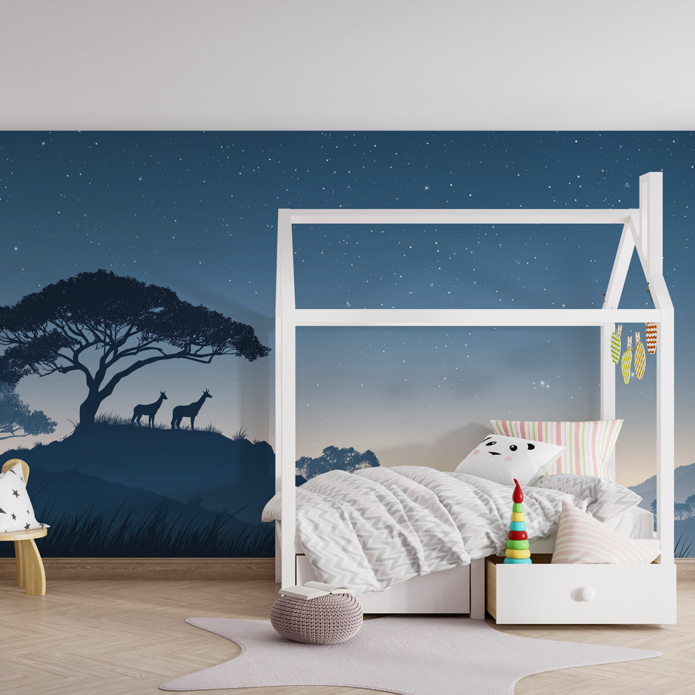 Starry night forest mural wallpaper in calming blue tones for kids room by Kids-Mundo