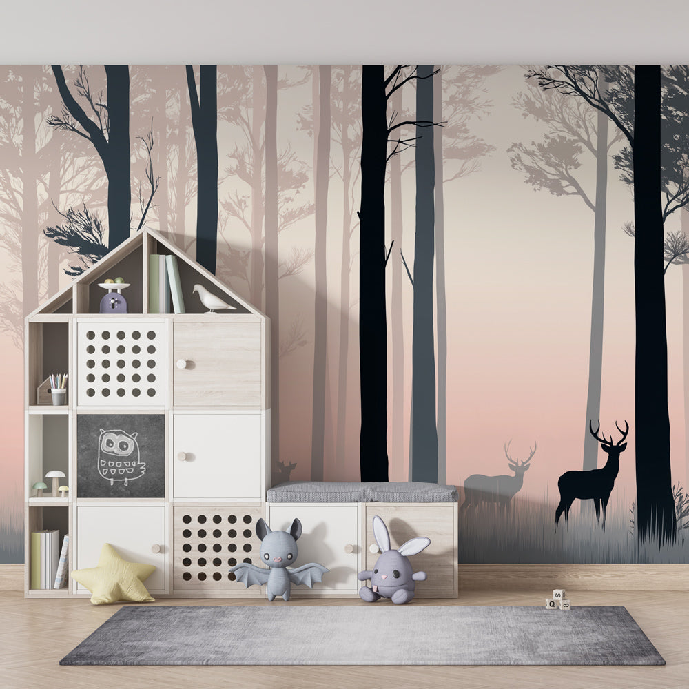 Mystical forest mural wallpaper with deer silhouettes for calming children's room atmosphere