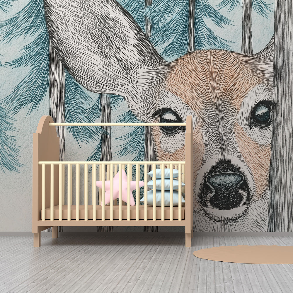 Close-up view of curious deer mural wallpaper showing gentle woodland details
