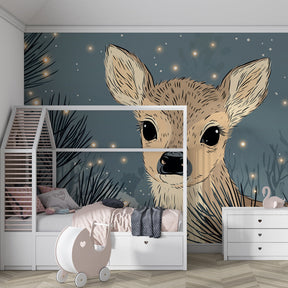 Forest animal mural wallpaper with twinkling lights in cozy kids room setting