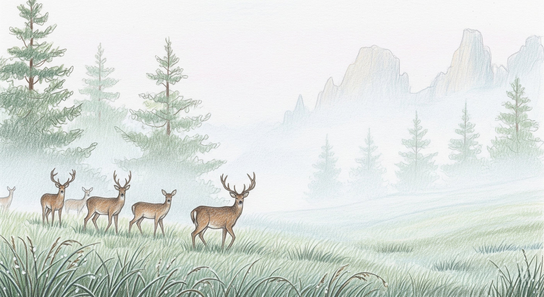 Detailed forest deer mural wallpaper design pattern showing misty woodland scene by Kids-Mundo