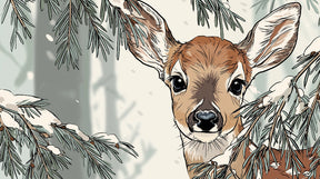 Detailed forest deer mural wallpaper design pattern featuring curious fawn in winter woodland by Kids-Mundo
