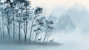 Detailed mystical forest deer mural wallpaper design pattern with blue mist by Kids-Mundo