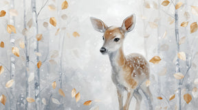 Detailed forest deer mural wallpaper design pattern with golden leaves and silver trees by Kids-Mundo