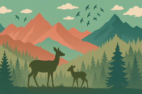 Detailed forest animals mural wallpaper design pattern featuring mother deer and fawn by Kids-Mundo