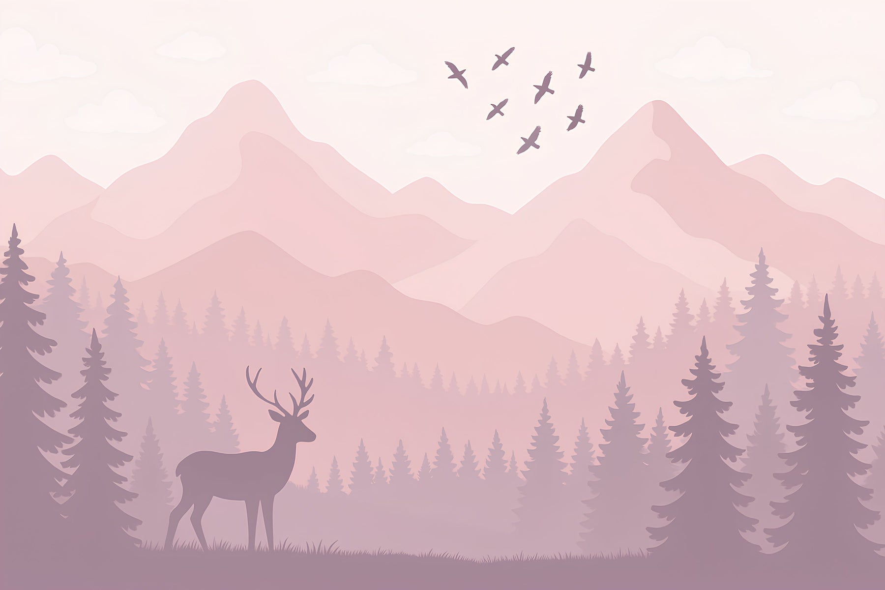 Detailed forest deer mural wallpaper design pattern with pink mountains by Kids-Mundo