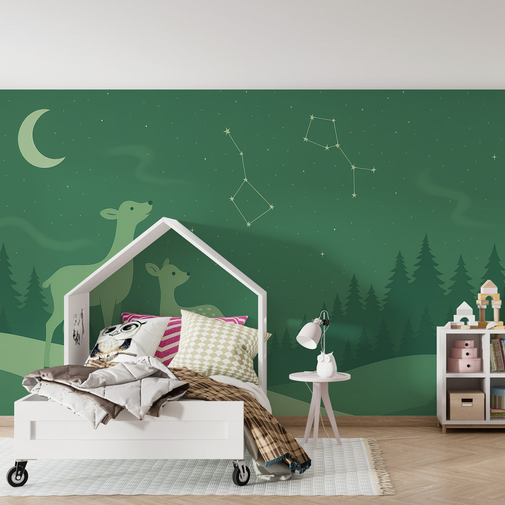 Woodland deer mural wallpaper with starry sky transforming kids room into enchanted forest