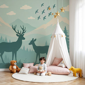 Forest deer mural wallpaper in modern children's bedroom with mountain woodland scene by Kids-Mundo