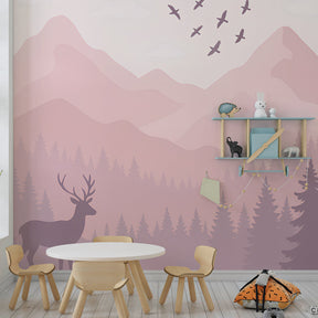 Enchanted forest deer wallpaper paired with natural wood furniture in kids room