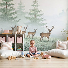 Forest deer mural wallpaper creating peaceful woodland nursery decor by Kids-Mundo