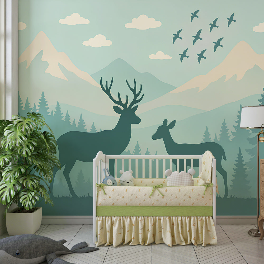 Mountain forest wallpaper creating serene nursery atmosphere with majestic deer and misty peaks