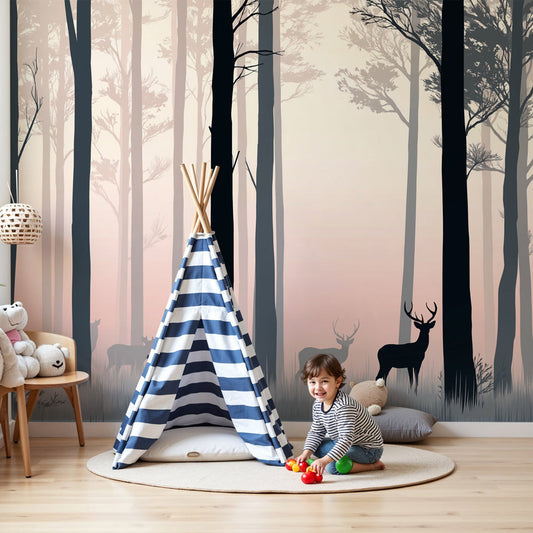 Forest deer mural wallpaper creating serene woodland nursery decor by Kids-Mundo