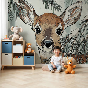 Forest deer mural wallpaper with curious fawn creating peaceful nursery decor by Kids-Mundo