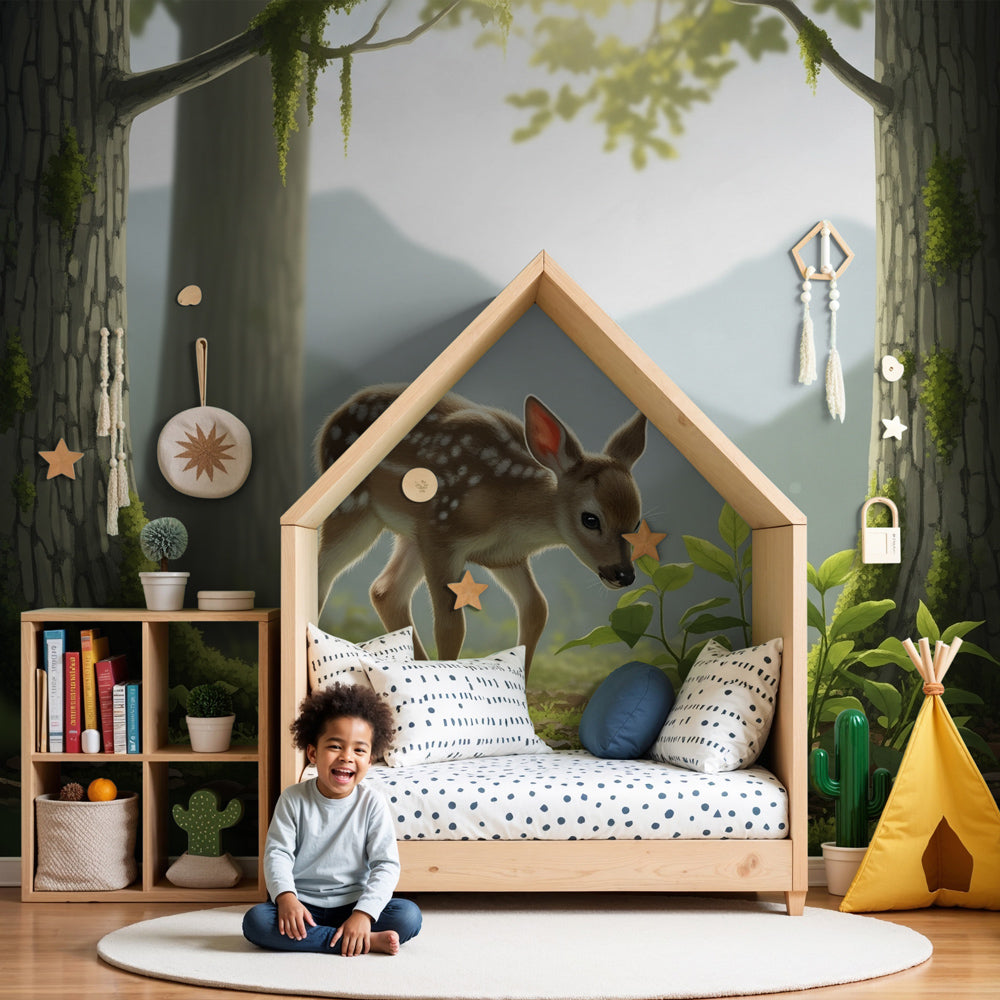 Forest deer mural wallpaper in peaceful nursery with natural wood furniture by Kids-Mundo