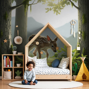 Forest deer mural wallpaper in peaceful nursery with natural wood furniture by Kids-Mundo