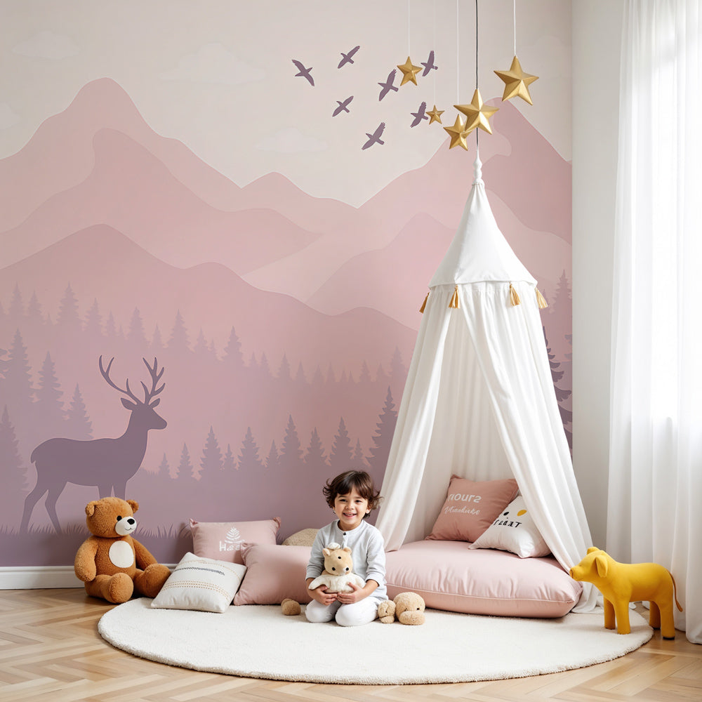 Forest deer mural wallpaper creating enchanted pink woodland nursery decor by Kids-Mundo