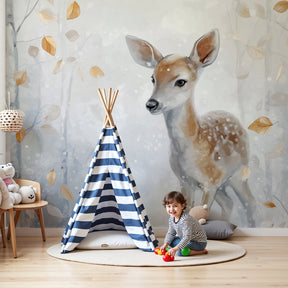 Forest deer mural wallpaper creating serene woodland atmosphere in modern kids nursery by Kids-Mundo