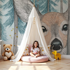 Forest deer mural wallpaper in modern nursery with natural wood crib by Kids-Mundo