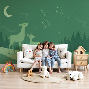 Forest deer starry night mural wallpaper in modern nursery with woodland decor by Kids-Mundo