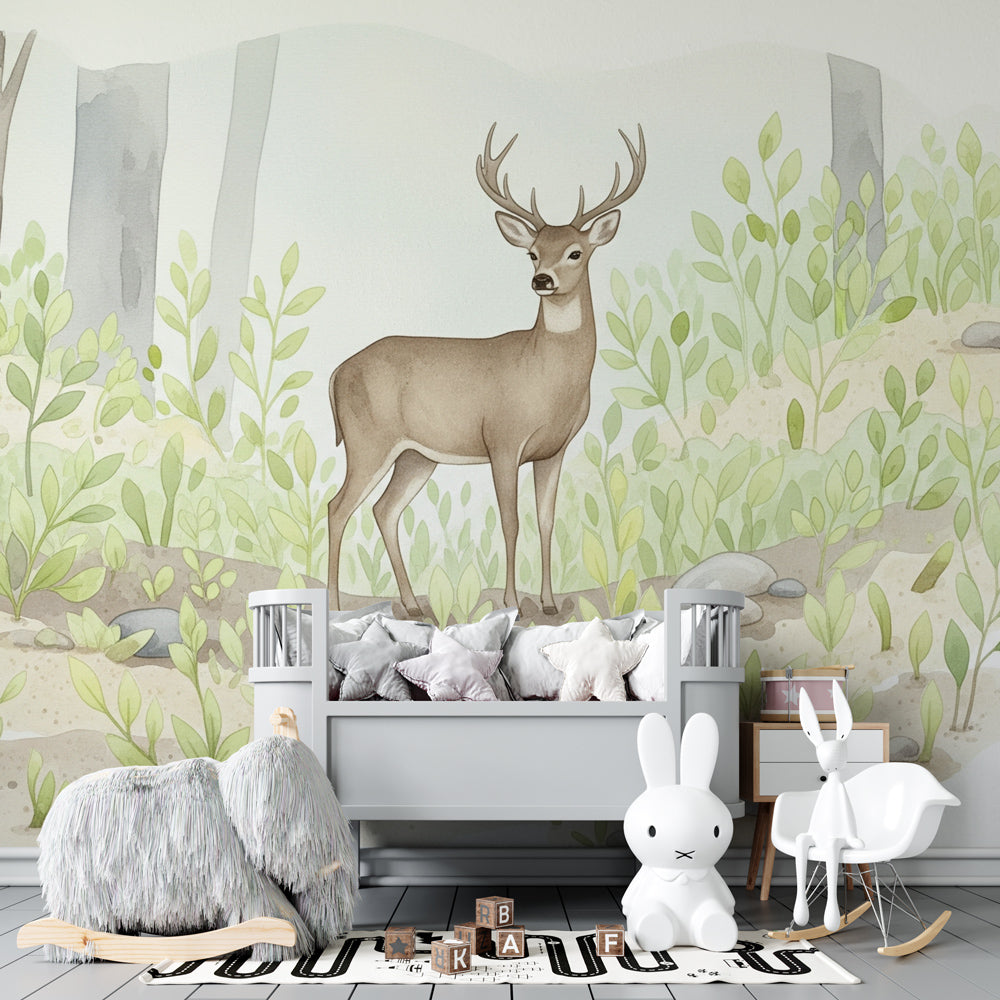 Woodland deer mural wallpaper for kids playroom with natural forest theme