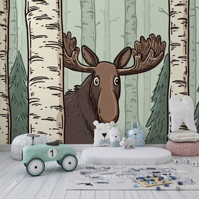 Woodland elk wallpaper creating peaceful atmosphere in children's bedroom with cozy furnishings