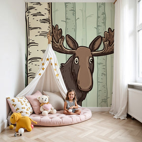 Forest elk mural wallpaper in modern nursery with natural wood crib by Kids-Mundo