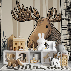 Nature-themed elk mural wallpaper transforming children's playroom into forest sanctuary