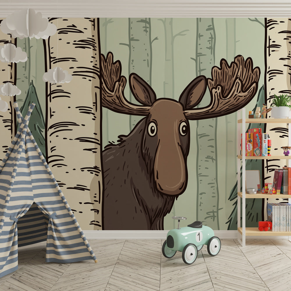 Curious elk mural wallpaper transforming kids playroom into woodland adventure space
