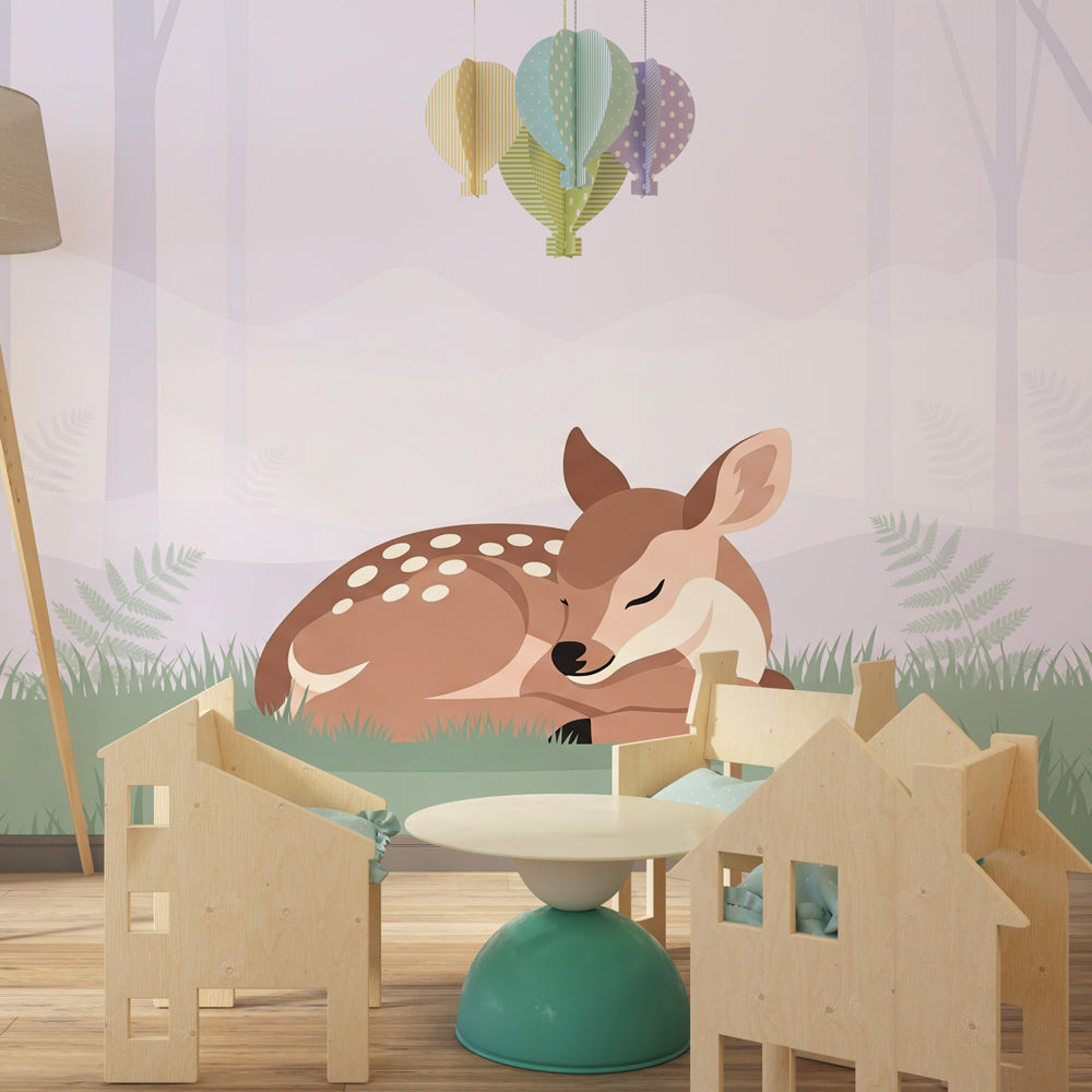 Woodland fawn wallpaper transforming children's bedroom into magical forest sanctuary