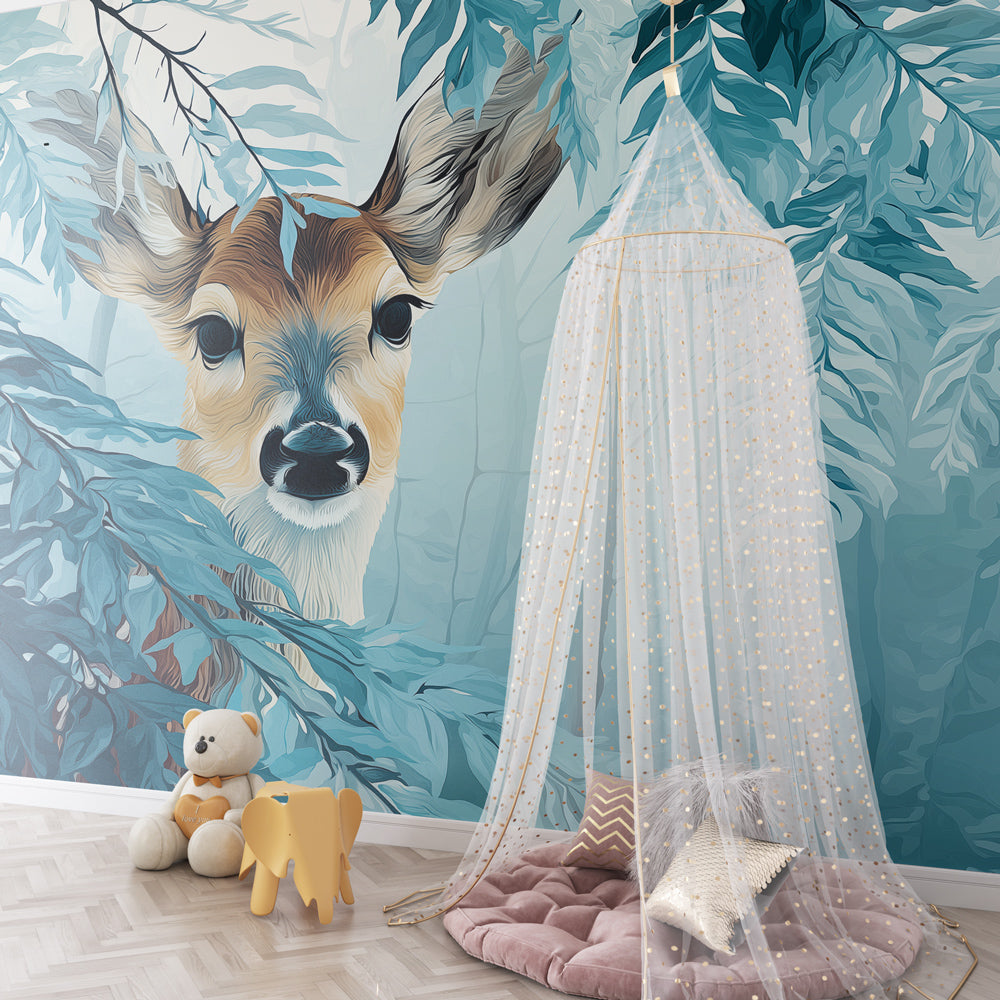 Mystical woodland fawn wallpaper in modern children's bedroom with natural wood furniture