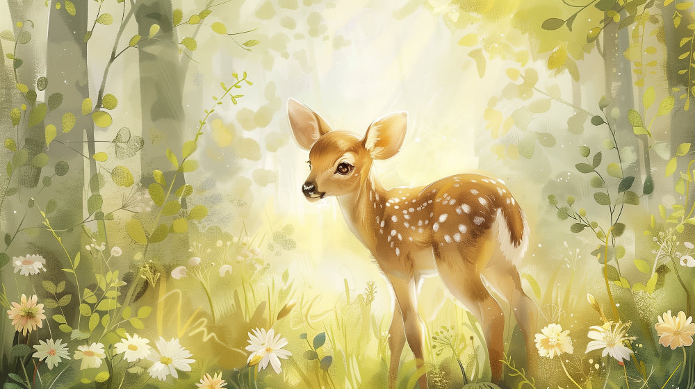 Detailed forest fawn mural wallpaper design pattern showing enchanted woodland scene by Kids-Mundo