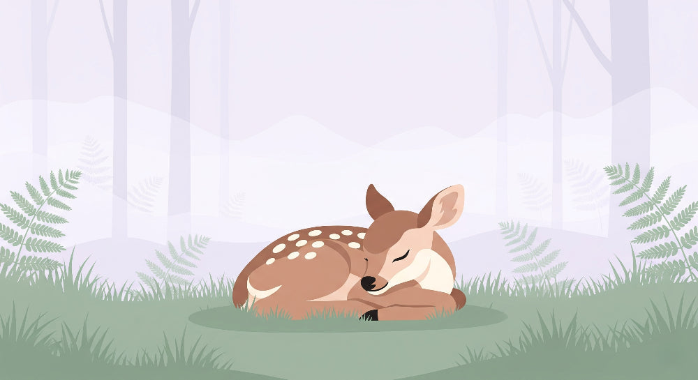 Detailed forest fawn mural wallpaper design pattern showing sleeping deer among ferns by Kids-Mundo