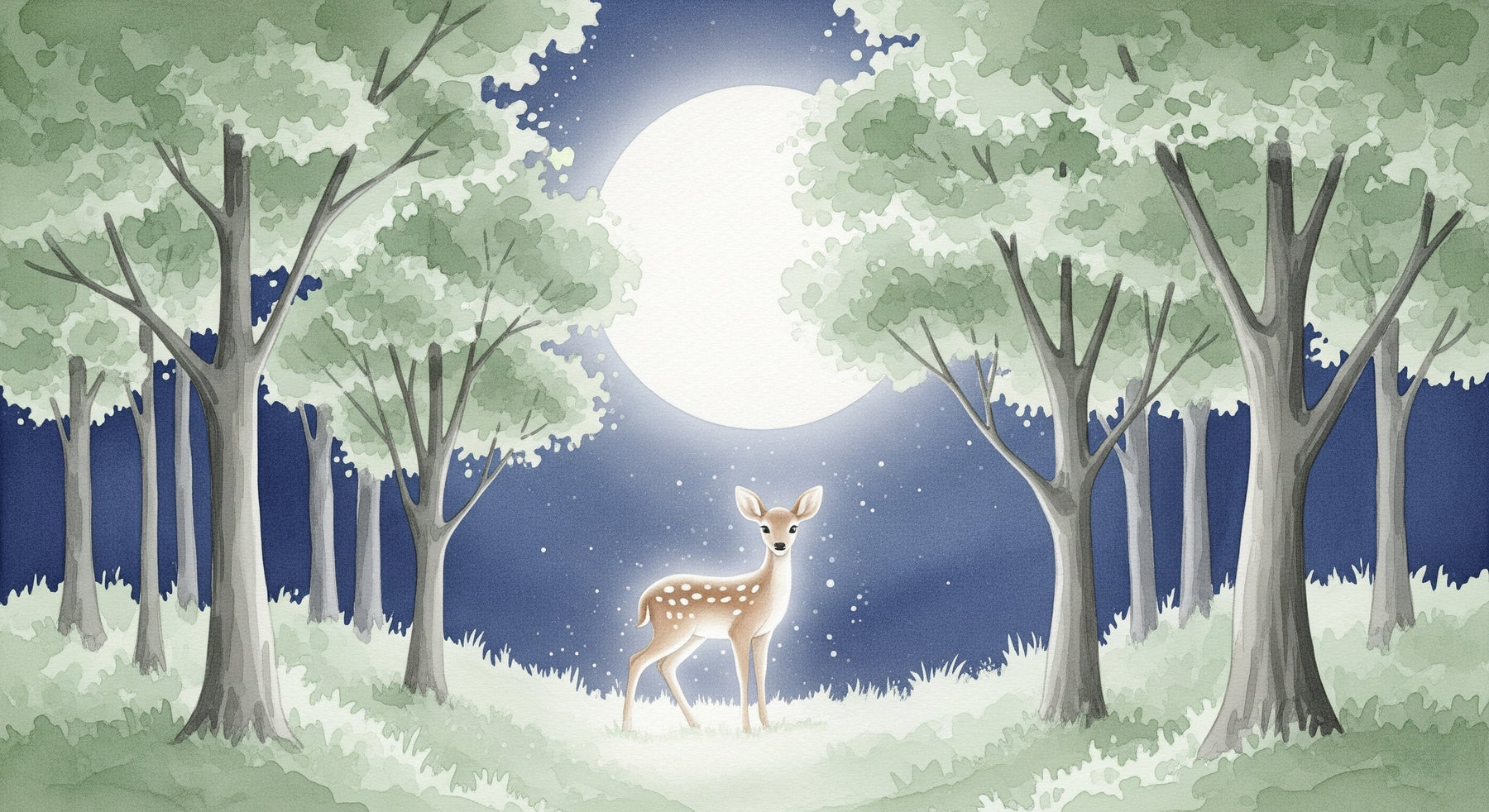 Detailed forest fawn mural wallpaper design pattern showing moonlit woodland scene by Kids-Mundo