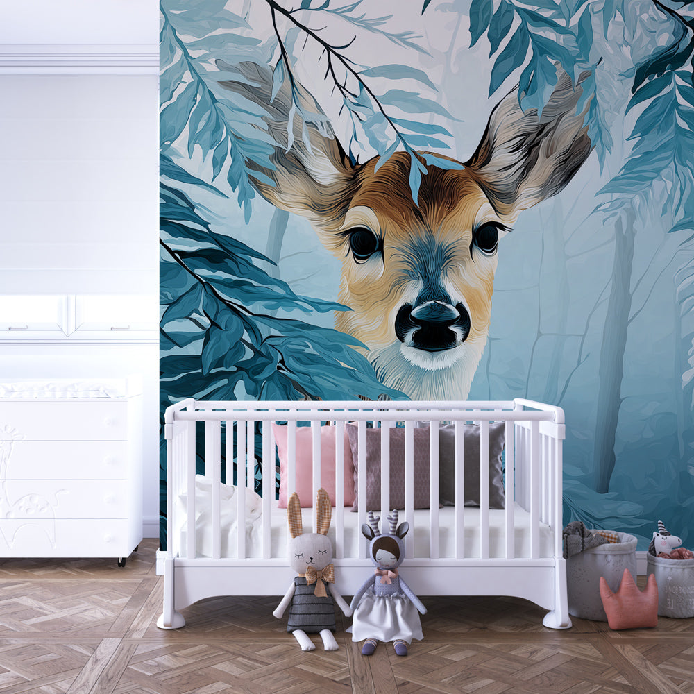 Serene forest animal mural wallpaper transforming child's room into magical woodland space