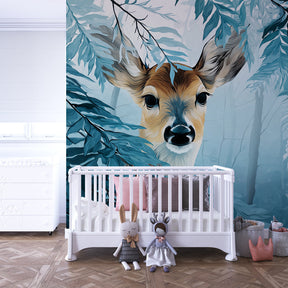 Serene forest animal mural wallpaper transforming child's room into magical woodland space