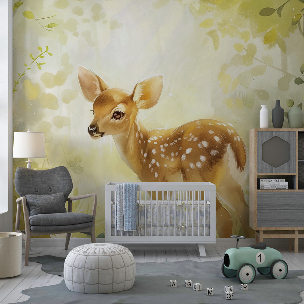 Close-up view of forest fawn mural wallpaper showing detailed woodland clearing design