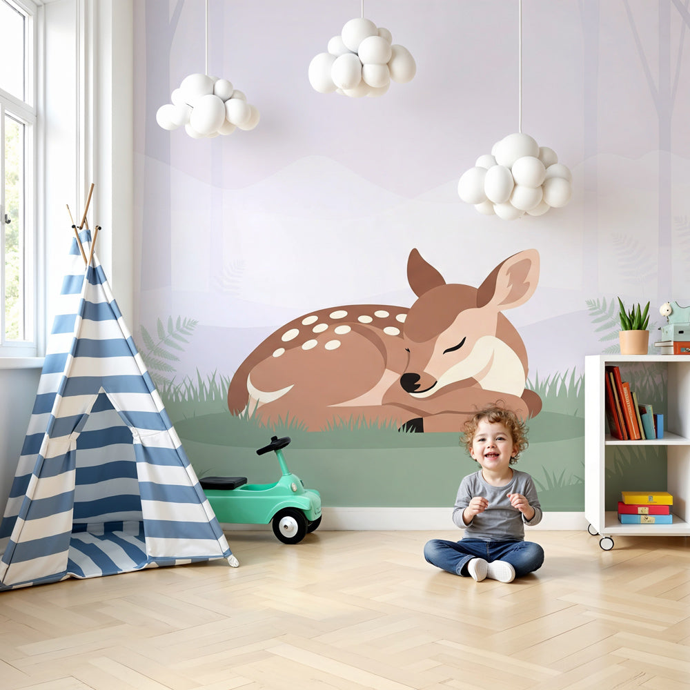 Forest fawn mural wallpaper creating peaceful nursery atmosphere with sleeping deer design by Kids-Mundo