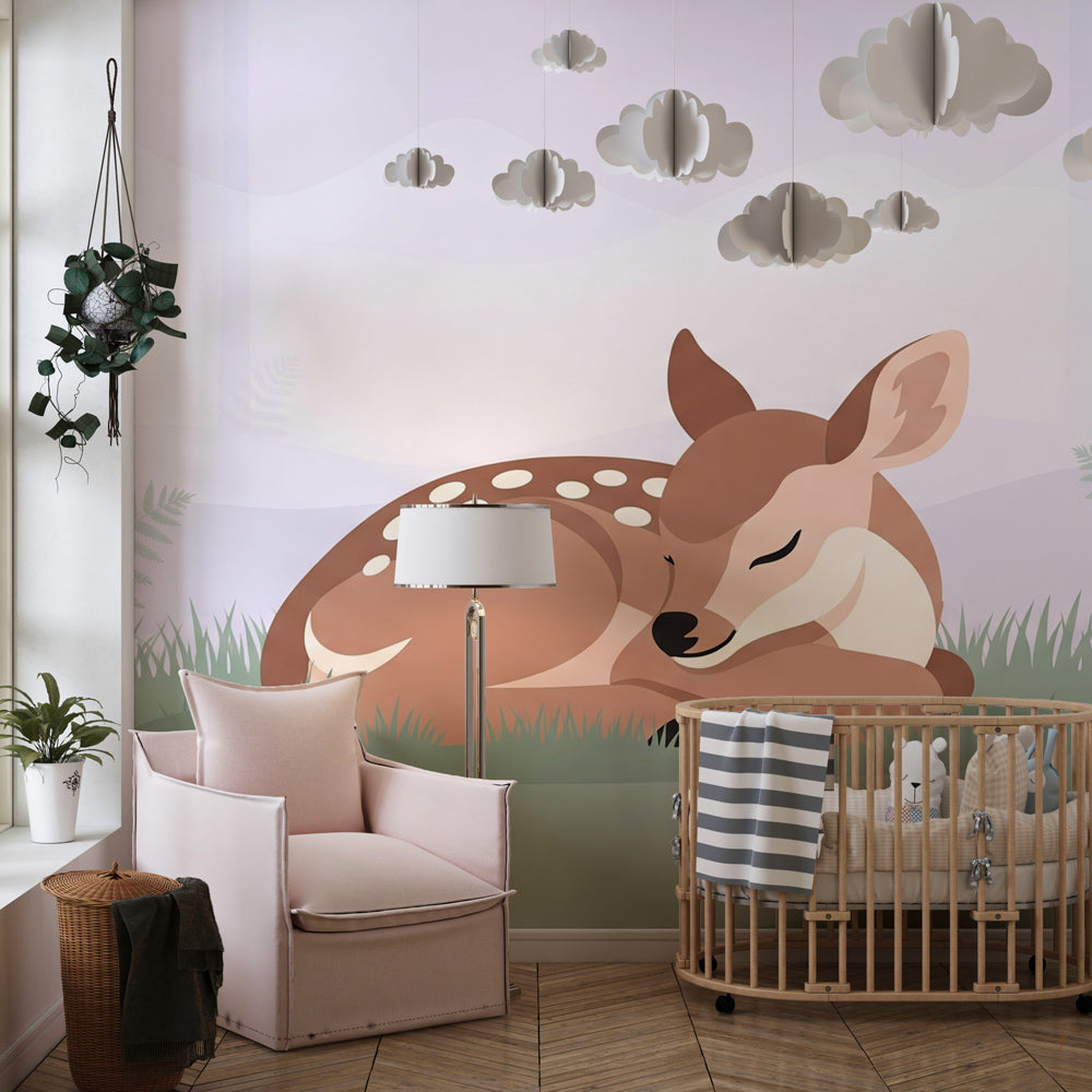 Sleeping deer mural wallpaper adding natural tranquility to kids playroom design