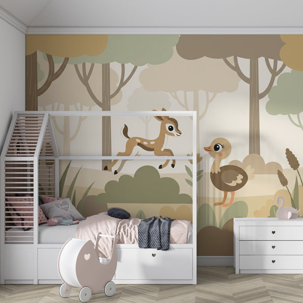 Forest fawn and fox mural wallpaper transforming kids playroom into woodland sanctuary