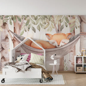 Peaceful toddler bedroom with sleeping fox mural wallpaper creating calming atmosphere