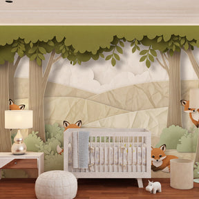Woodland fox wallpaper creating enchanted kids bedroom with natural wood furniture