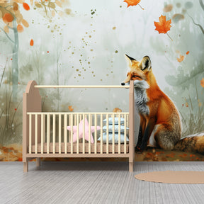 Autumn fox wallpaper with dancing leaves transforming children's bedroom into woodland sanctuary