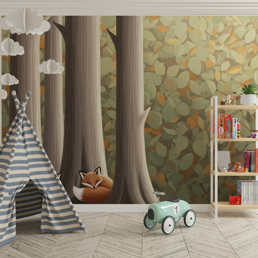 Woodland animal wallpaper with sleeping foxes in cozy kids bedroom setting