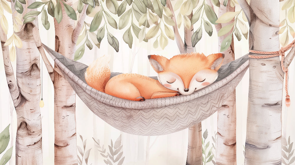 Detailed forest fox mural wallpaper design pattern showing sleeping fox in knitted hammock by Kids-Mundo